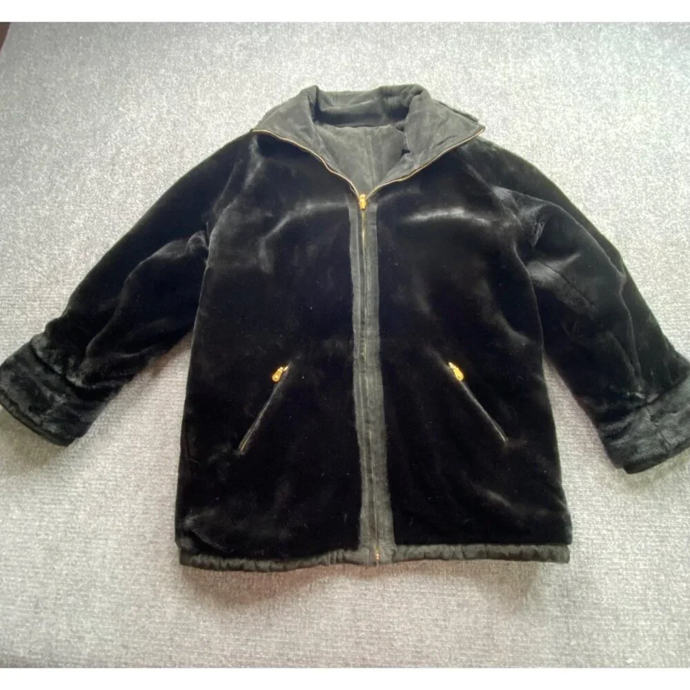 Vintage JLC Reversible Coat Womens L Black Suede Leather Faux Fur Zip Grunge Y2K
